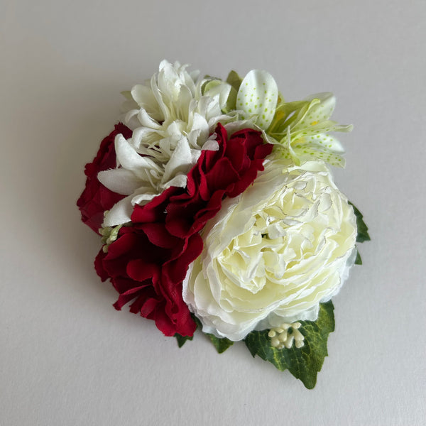 Classic Vintage Cream Carnation & Red Peony Flower Hair Clip