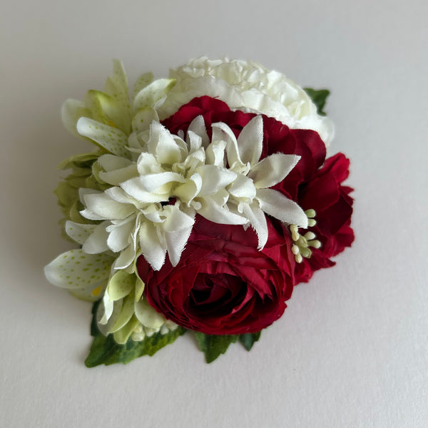 Classic Vintage Cream Carnation & Red Peony Flower Hair Clip