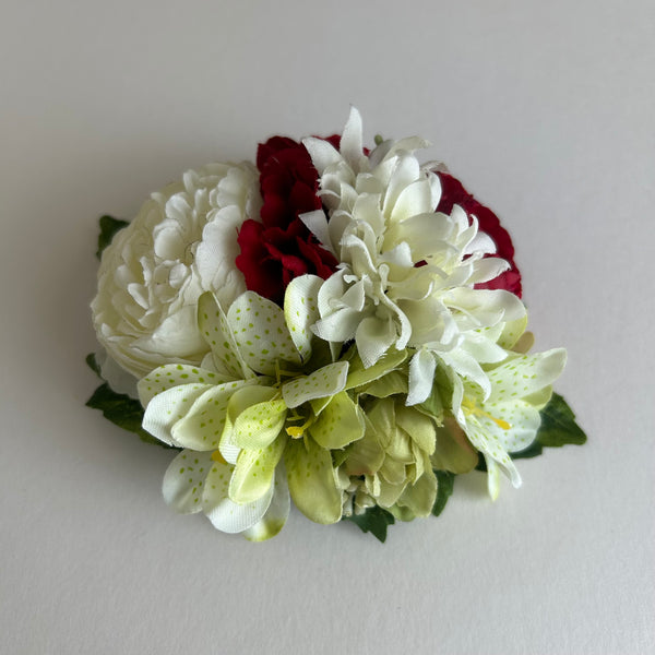 Classic Vintage Cream Carnation & Red Peony Flower Hair Clip