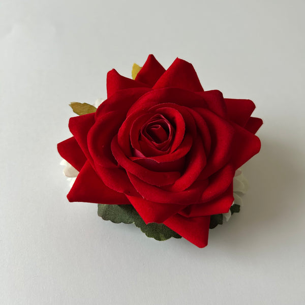 Classic Vintage Red Rose & White Delphinium Flower Hair Clip