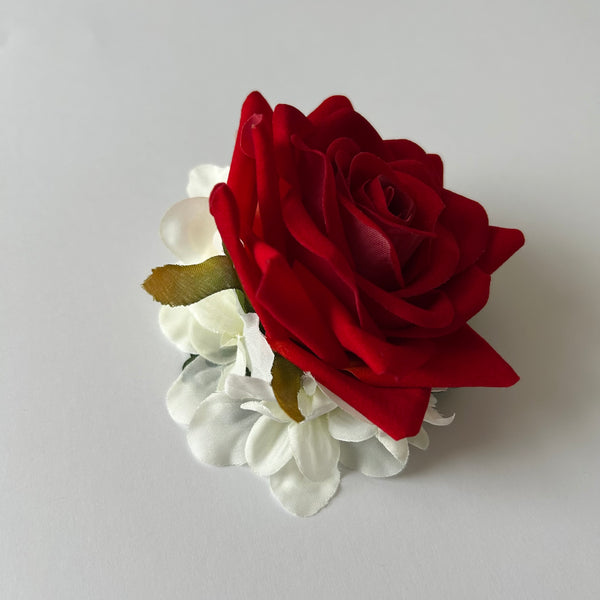 Classic Vintage Red Rose & White Delphinium Flower Hair Clip